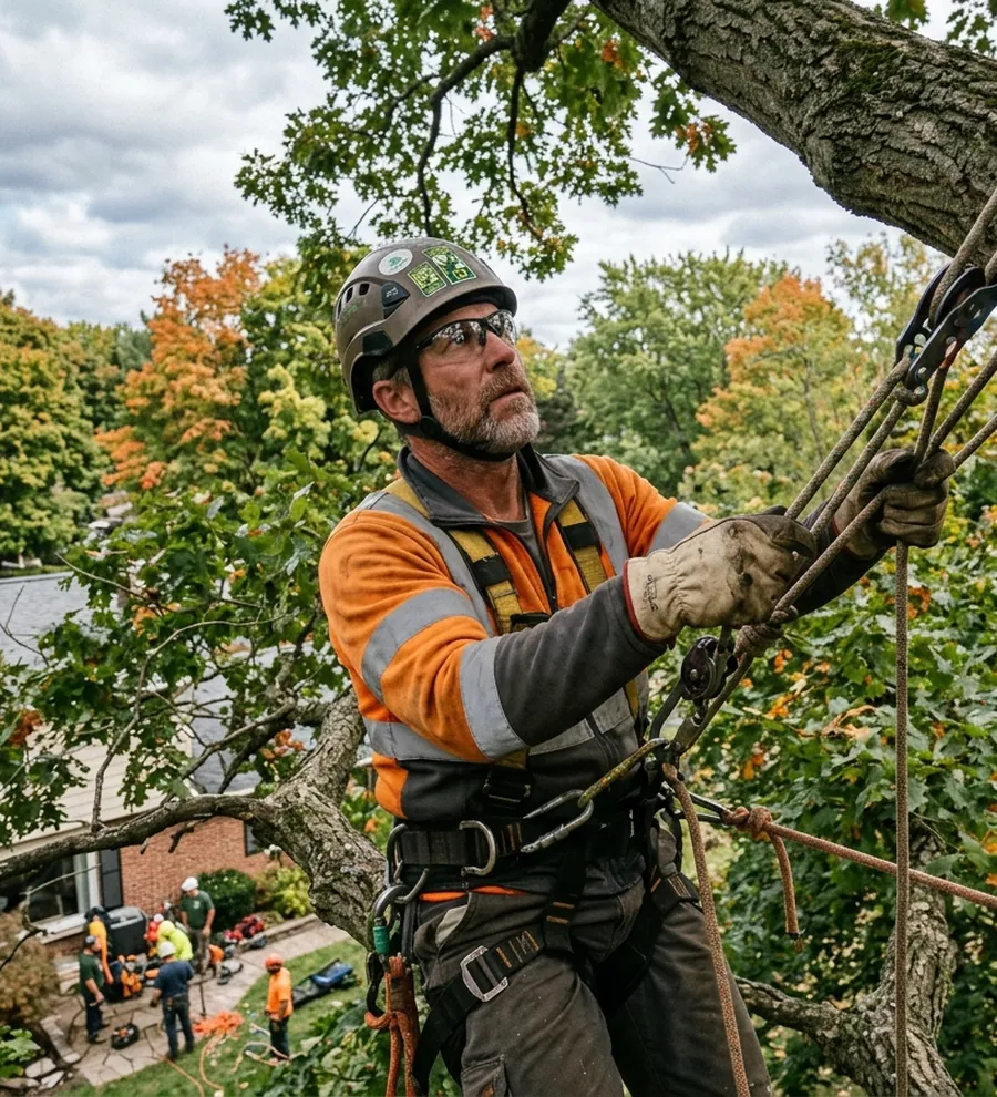JensenStar arborist roped into a mature tree beside a Buffalo-area home