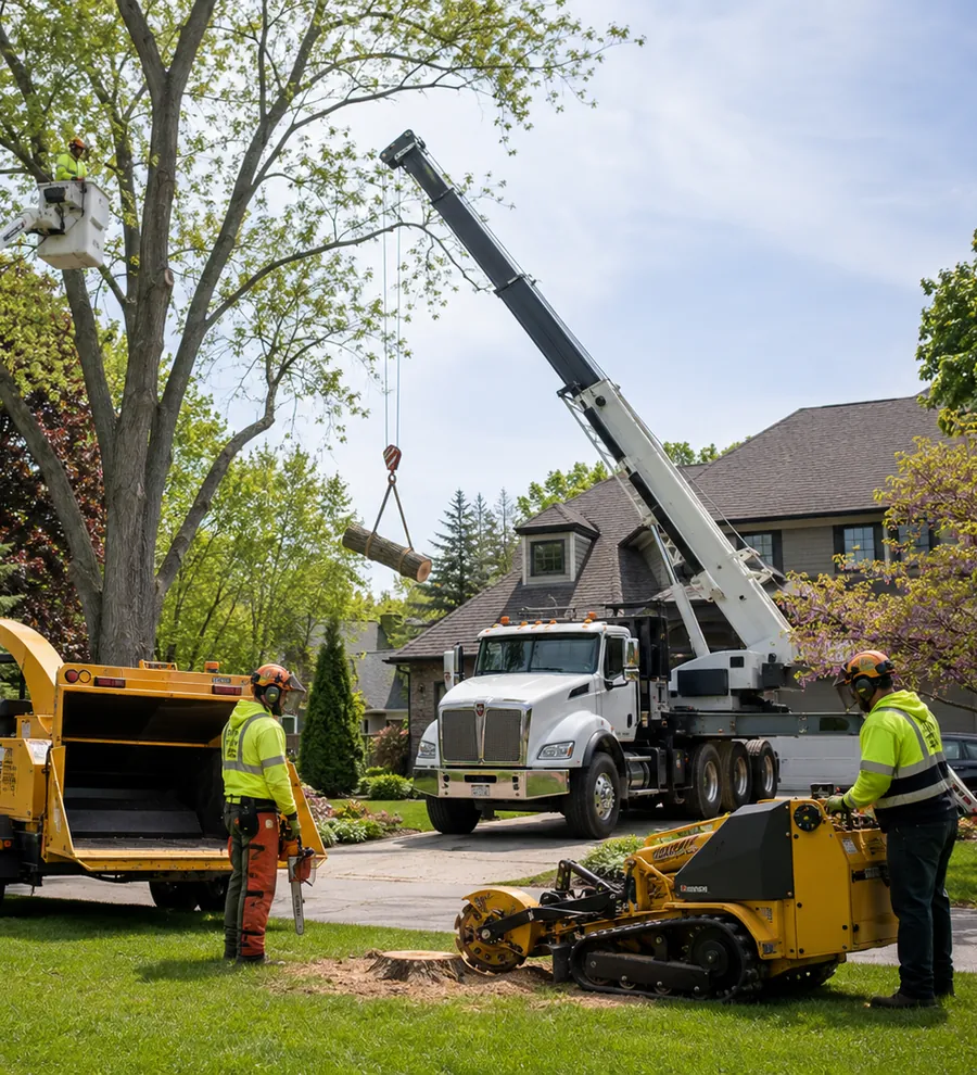 Bucket truck, crane, chipper, and stump grinder set up for a residential tree job