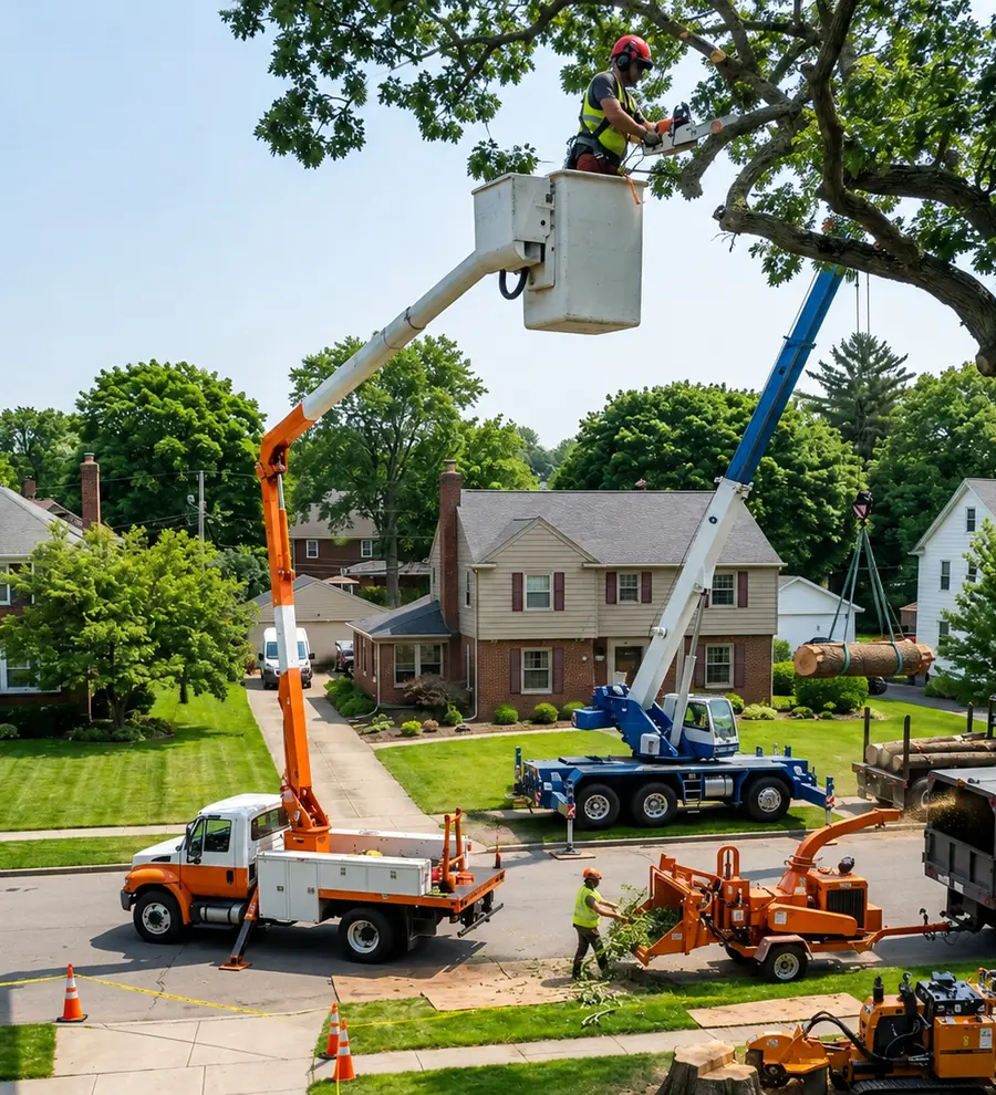 JensenStar crew with a bucket truck and chipper working on residential trees