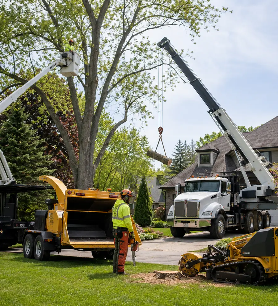 Chipper, stump grinder and bucket trucks set up on a residential street