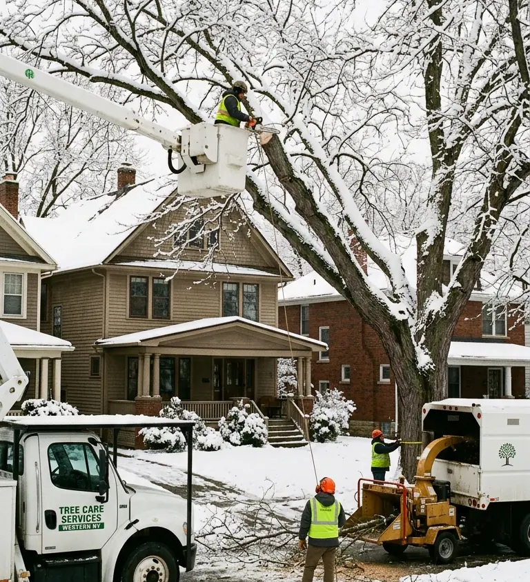 Tree crew working on snow-loaded trees after a Buffalo winter storm