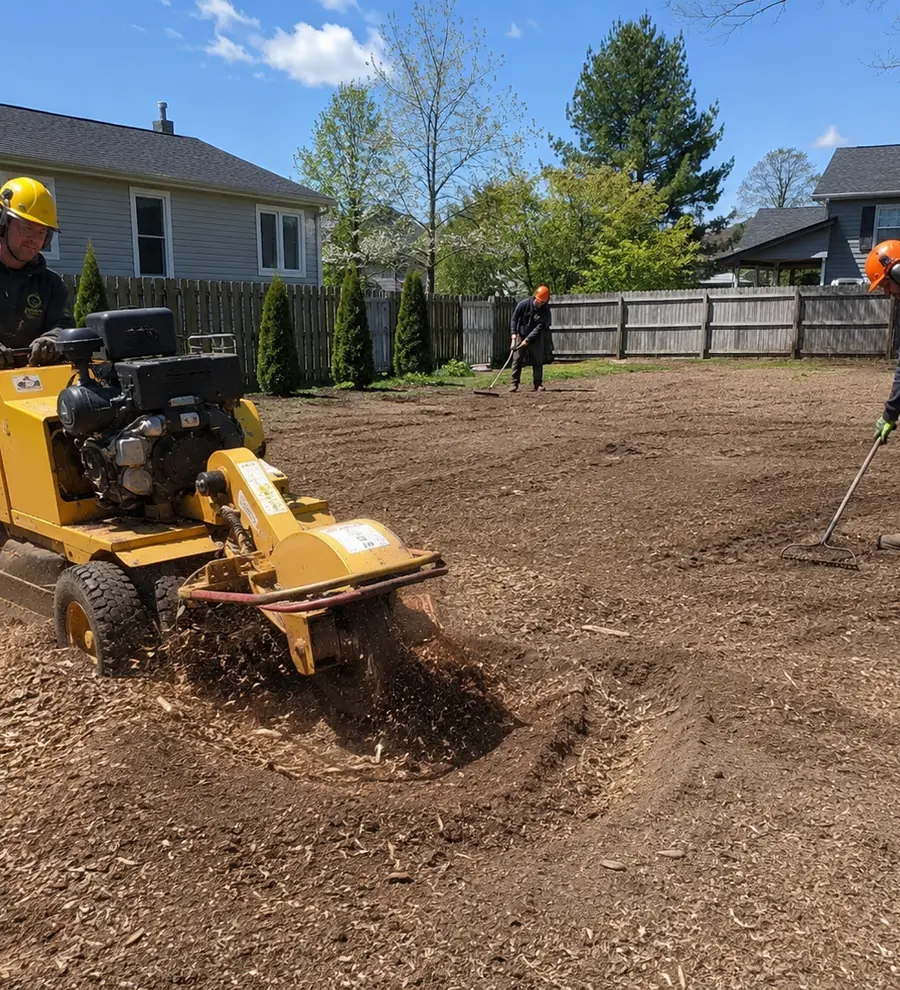 Stump grinder clearing the remains of a tree from a backyard