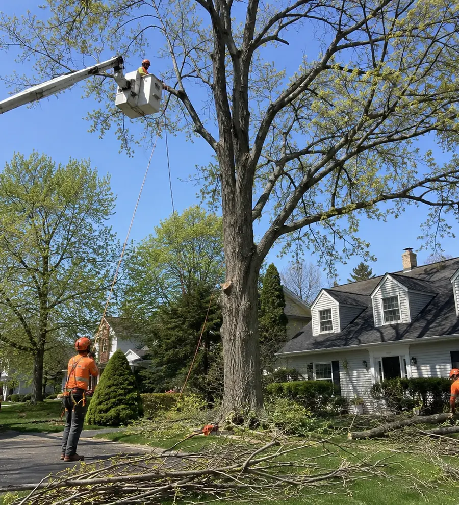 Bucket truck crew caring for a mature shade tree in a front yard
