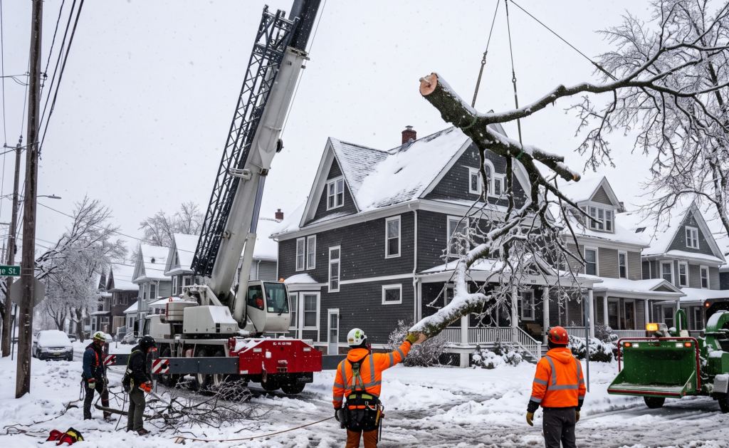 JensenStar Tree Company crane lifting a heavy ice-damaged maple limb over a residential rooftop in Buffalo NY after a lake-effect snowstorm.