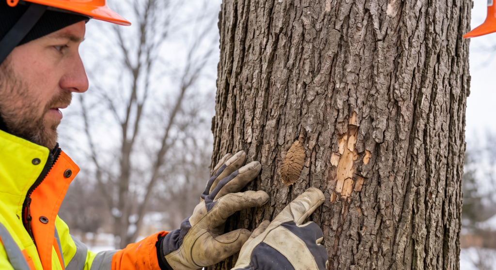 Certified arborist in winter gear inspecting tree bark for spotted lanternfly egg masses and emerald ash borer damage in Buffalo, NY.