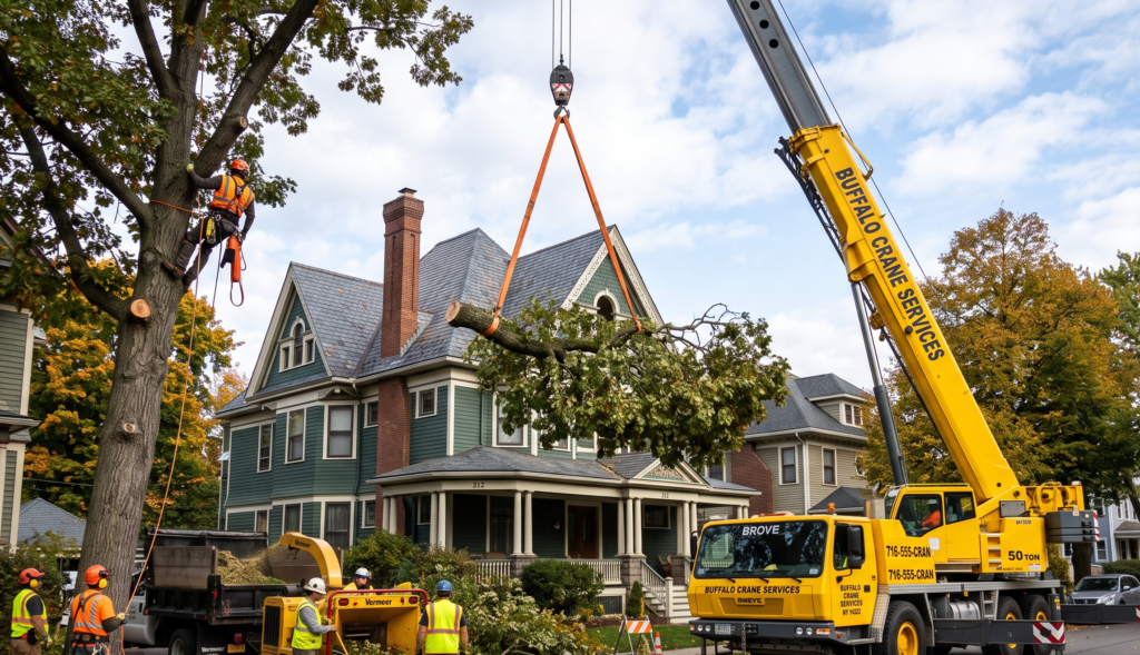50-ton mobile crane safely hoisting a massive tree branch over the slate roof and chimney of an Elmwood Village home in Buffalo, NY.