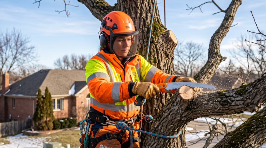 Certified arborist making a clean winter dormant pruning cut outside the branch collar on a bare oak tree in late February.