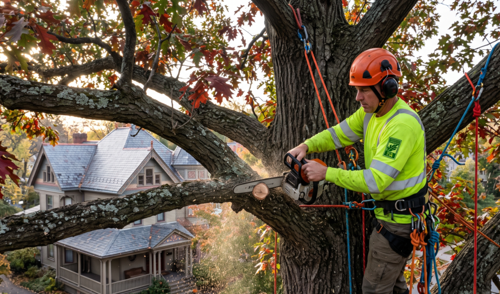 Certified arborist performing safe crown reduction on a mature historic oak tree in a Buffalo NY residential yard