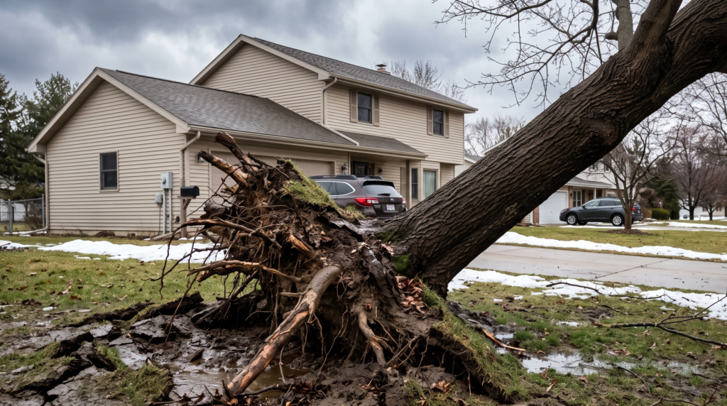 Mature tree leaning toward a residential house with a torn, heaved root plate exposed in saturated spring mud.