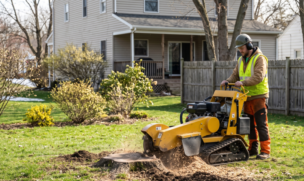 Commercial stump grinder milling a hardwood tree stump below ground level in a Buffalo, NY residential lawn in spring
