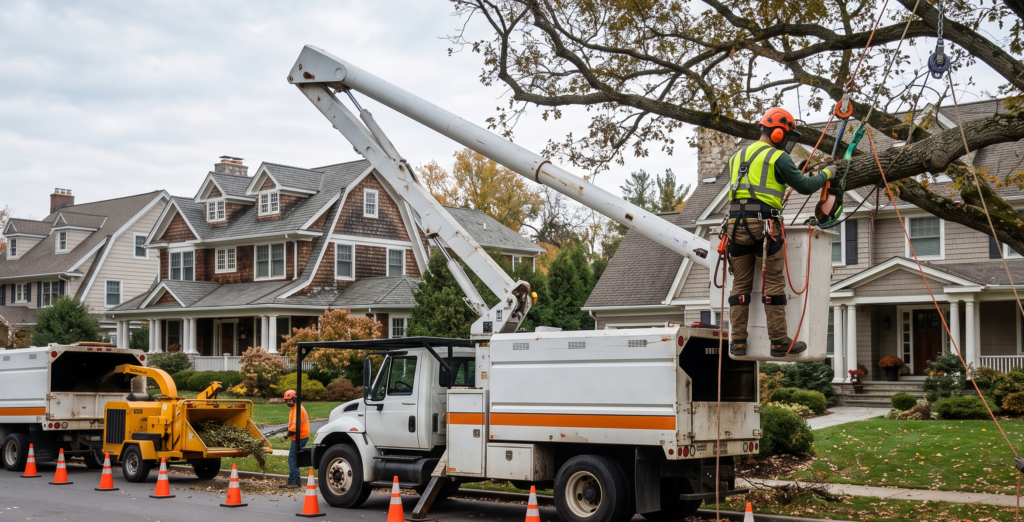Certified arborist inspecting a residential tree for removal compliance and permit requirements in Erie County, NY.